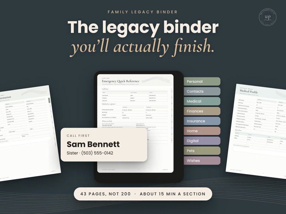 The Family Legacy Binder on a tablet with color-coded section tabs