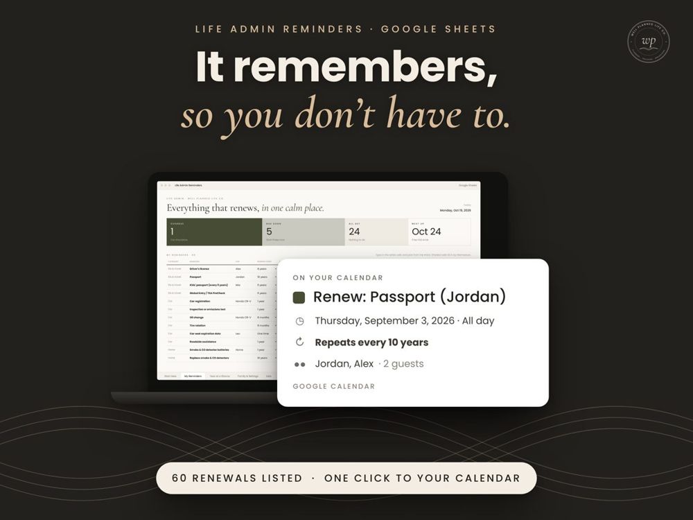 Life Admin Reminders spreadsheet on a laptop with a Google Calendar reminder card